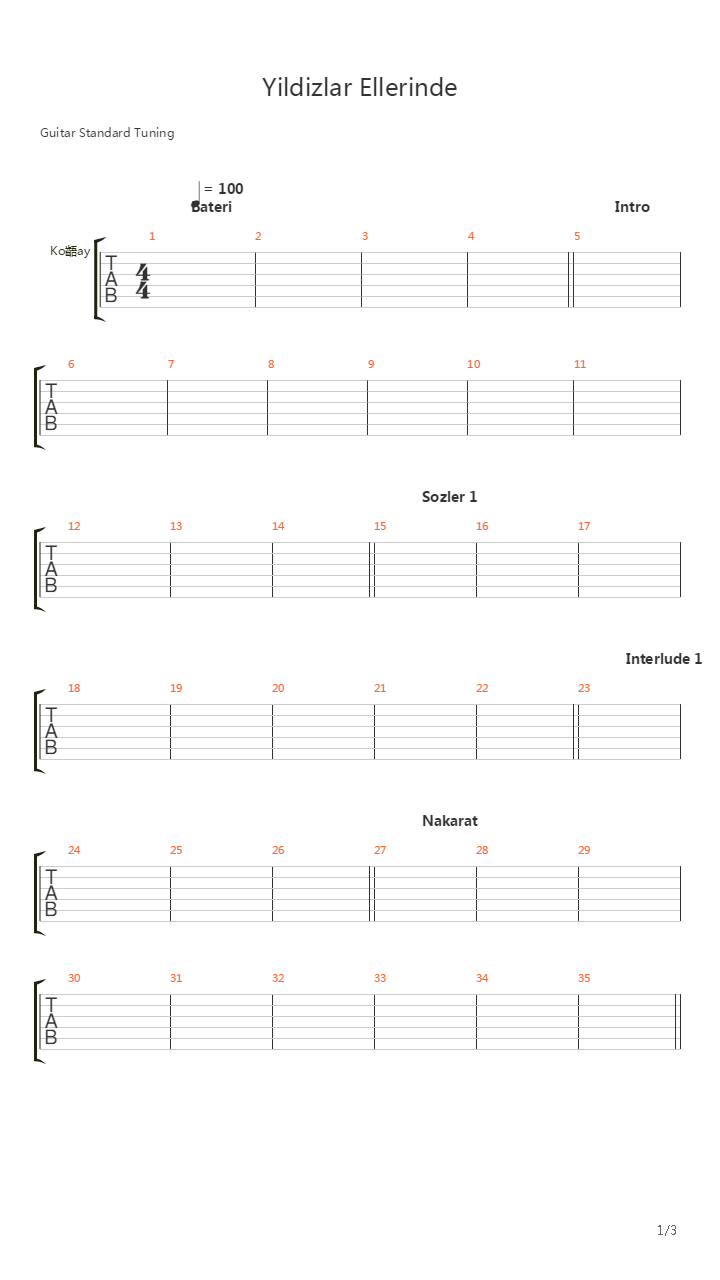 Yildizlar Ellerinde吉他谱