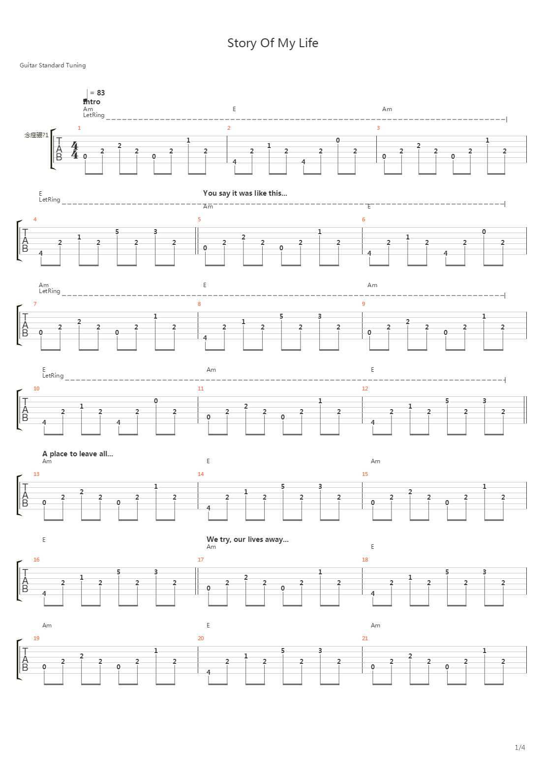 Story Of My Life吉他谱