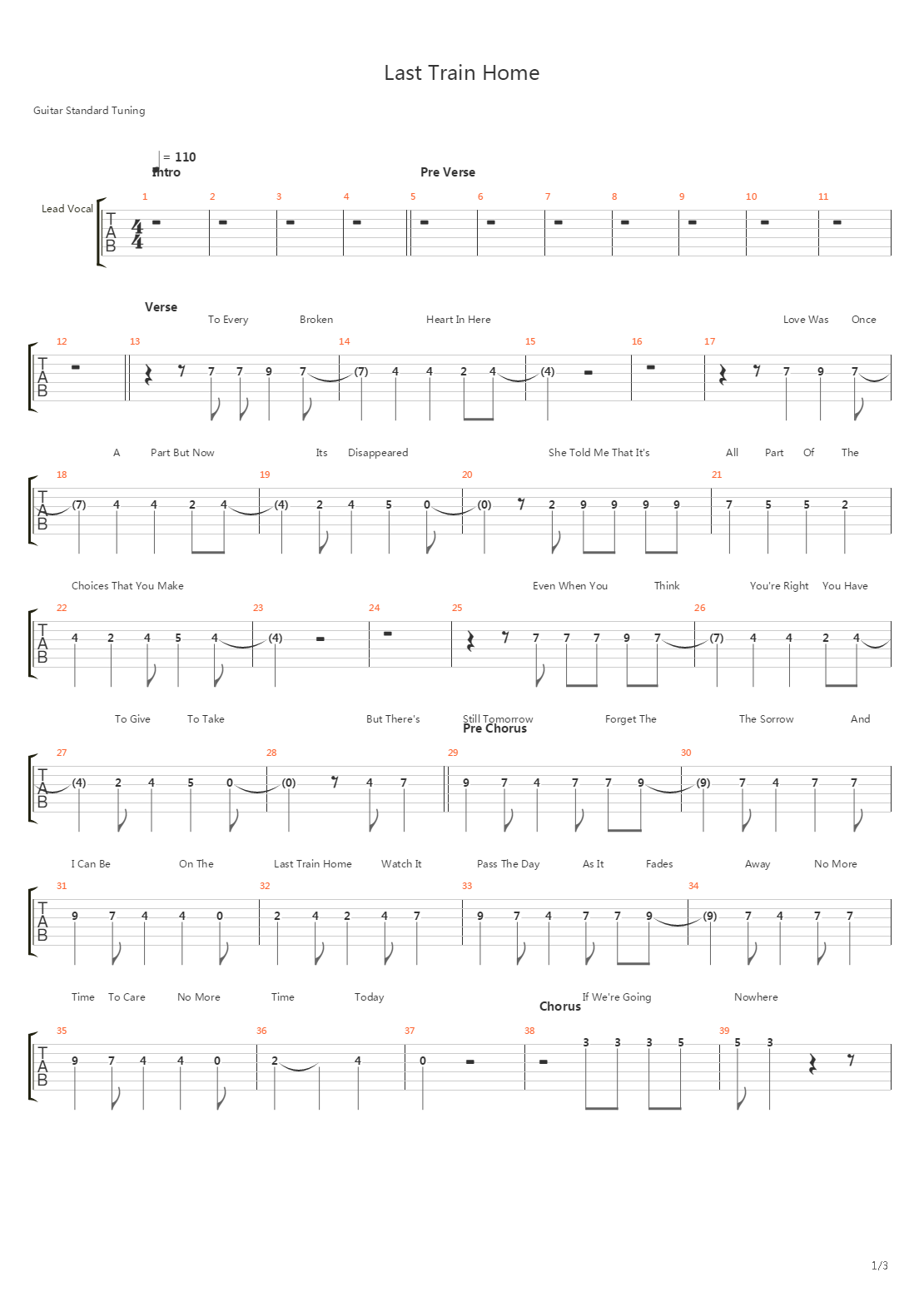 Last Train Home吉他谱