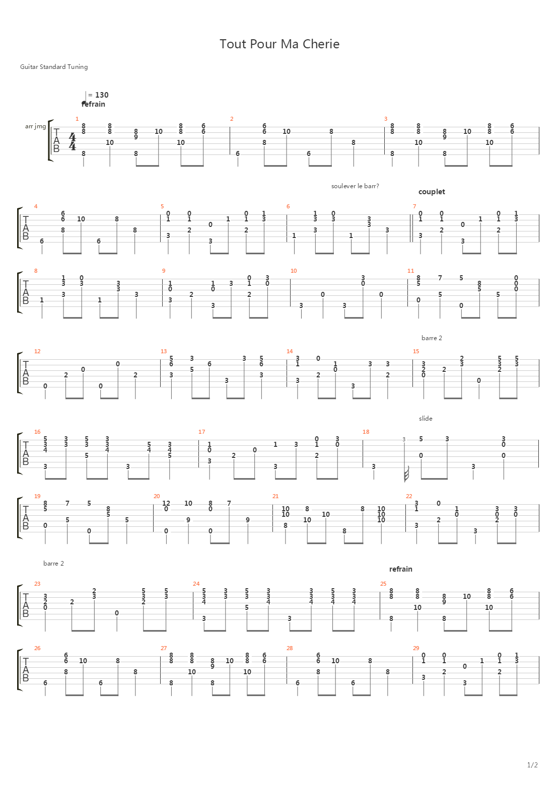 Tout Tout Pour Ma Cherie吉他谱