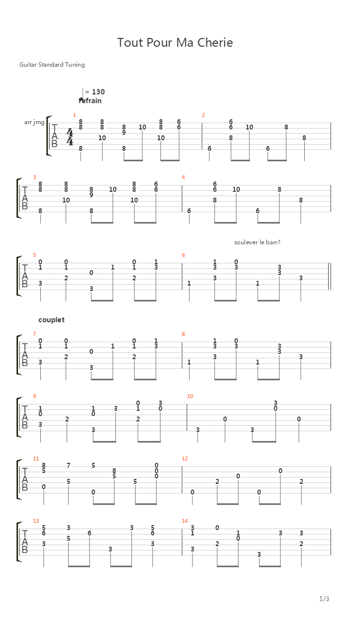 Tout Tout Pour Ma Cherie吉他谱