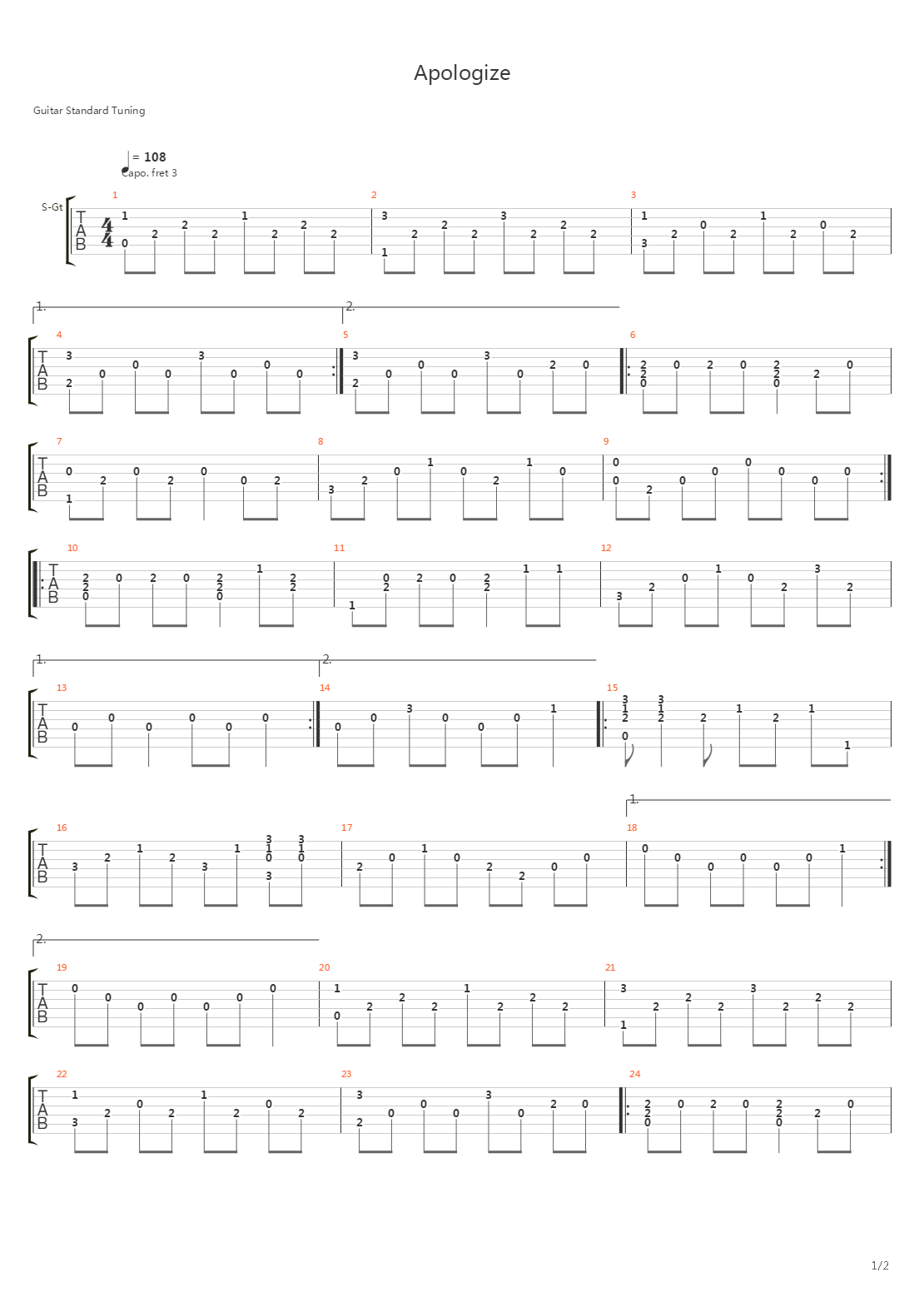 Apologize吉他谱