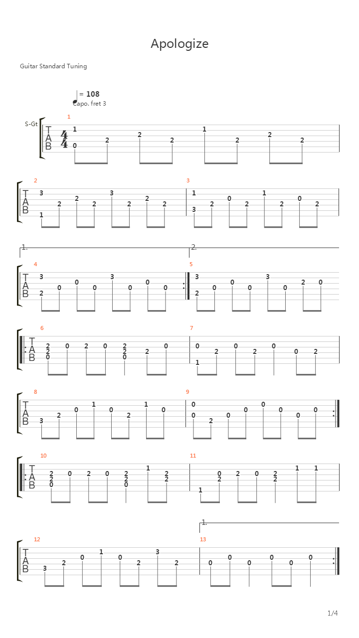 Apologize吉他谱