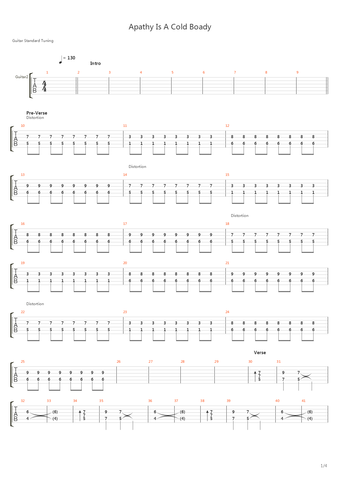 Apathy Is A Cold Body吉他谱
