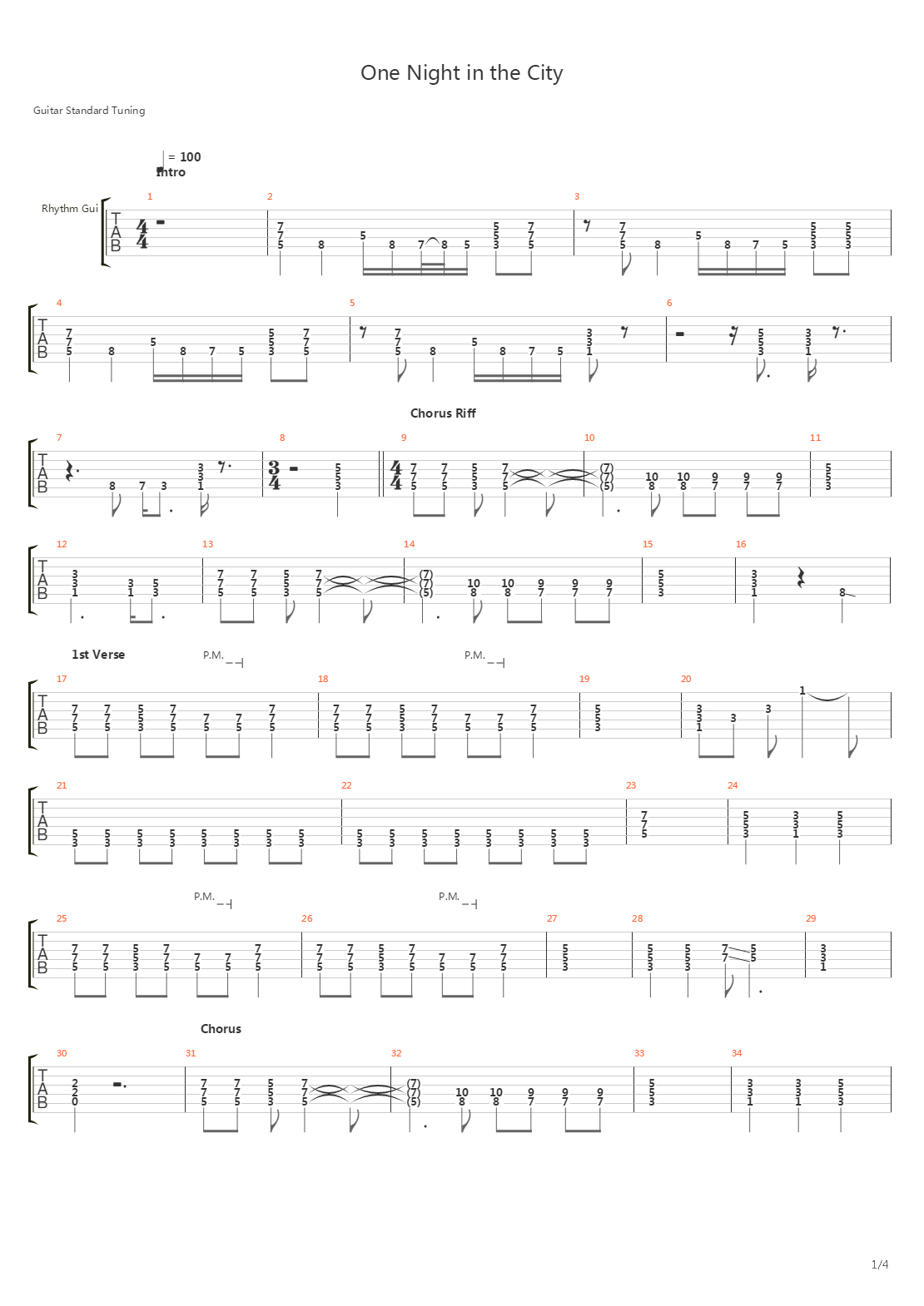 One Night In The City吉他谱