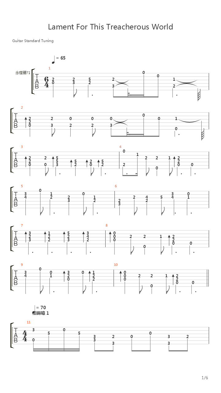 Lament For This Treacherous World吉他谱