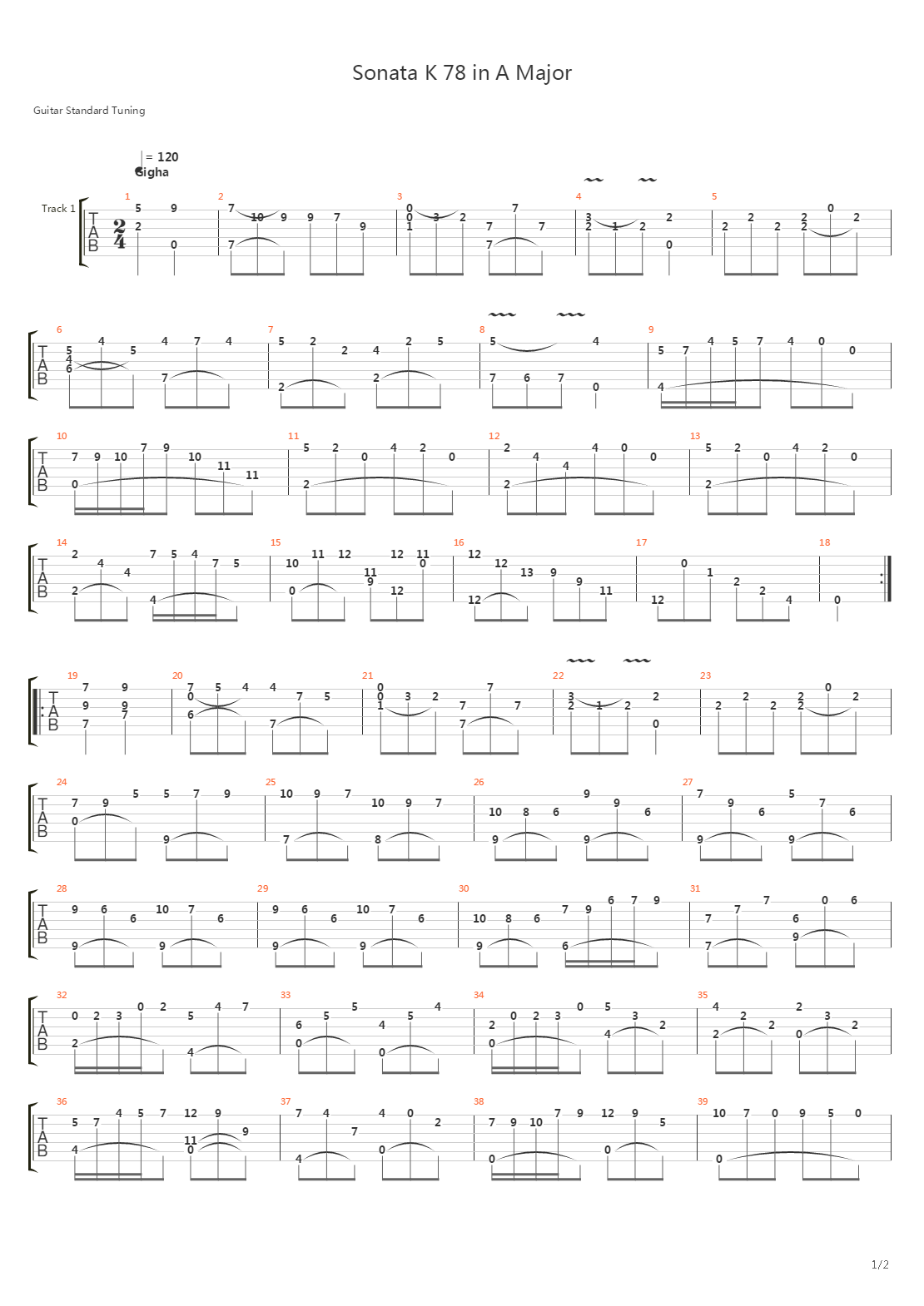 Sonata K 78 In A Major吉他谱