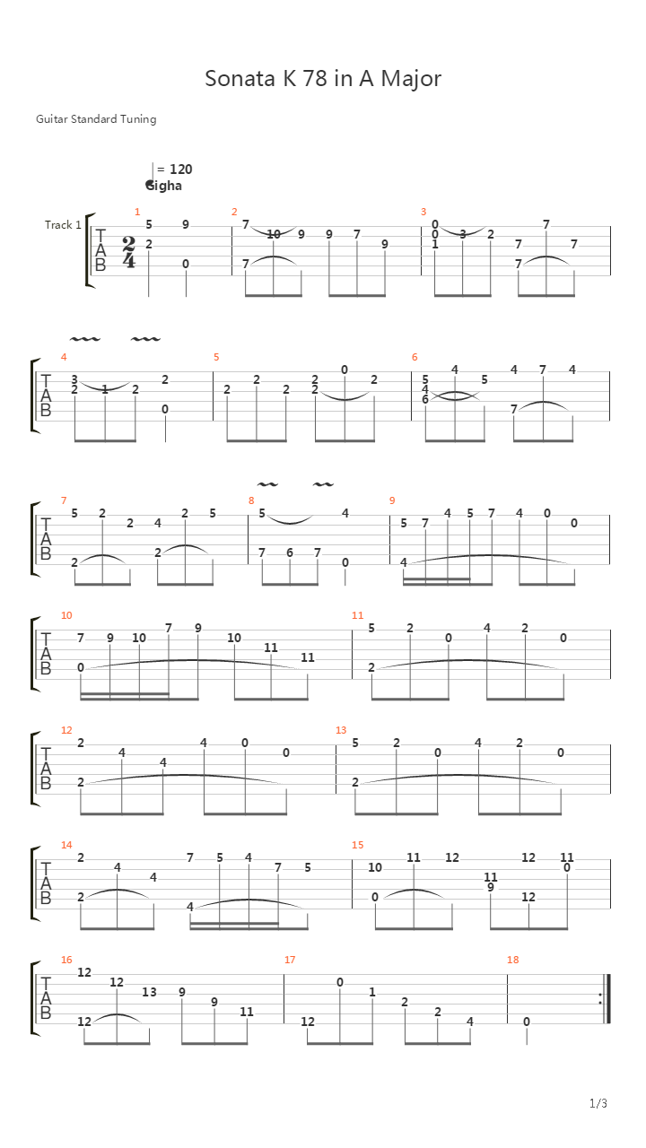 Sonata K 78 In A Major吉他谱