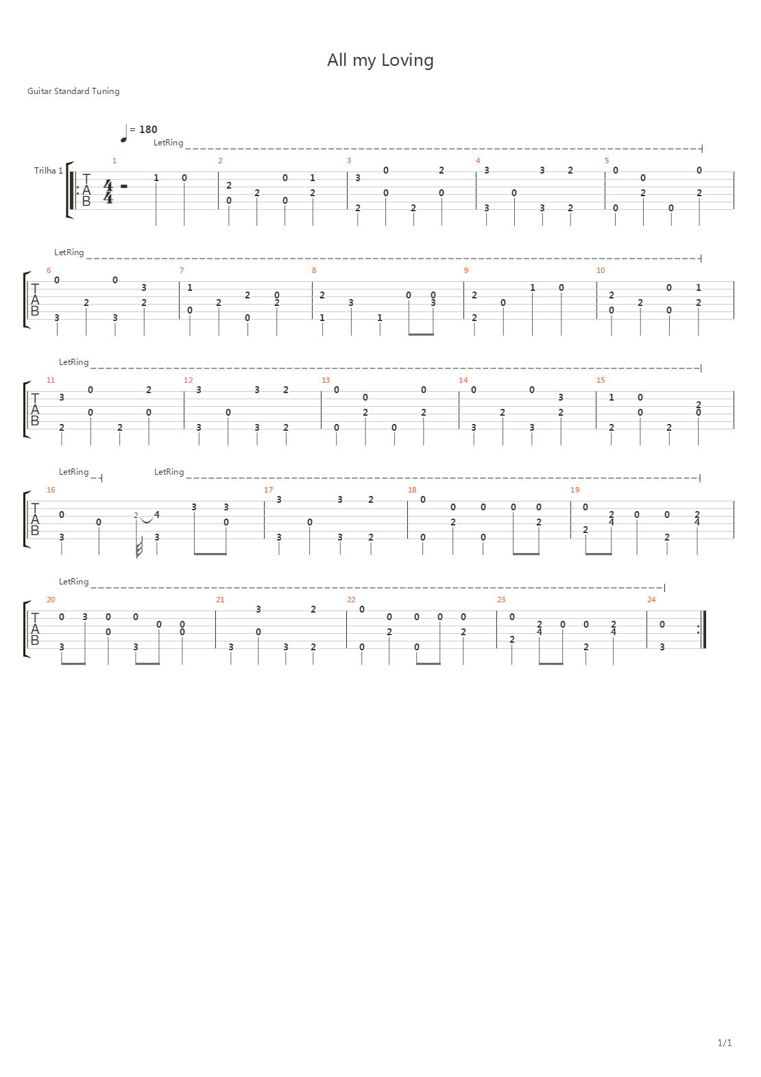 All My Loving (Arranged For One Guitar)吉他谱