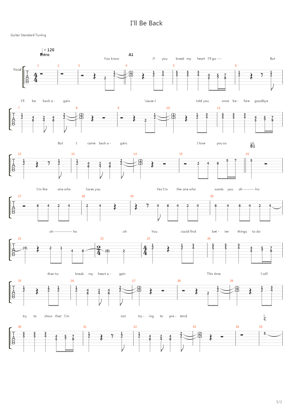 I'll Be Back吉他谱