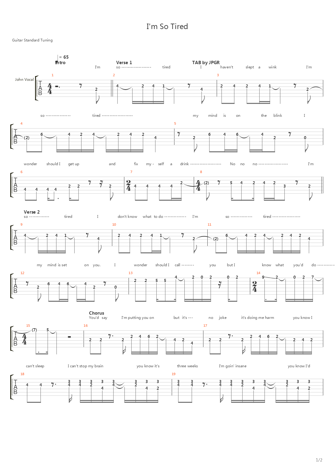 I'm So Tired吉他谱