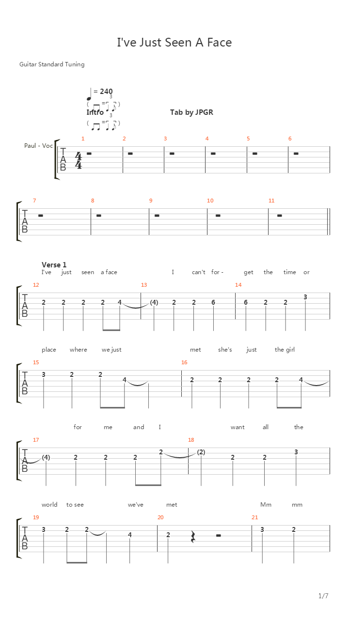 I've Just Seen A Face吉他谱
