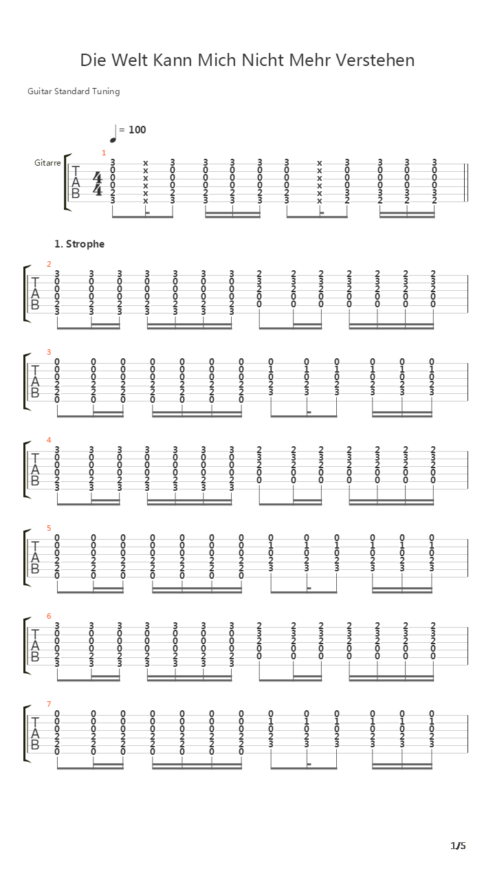 Die Welt Kann Mich Nicht Mehr Verstehen吉他谱