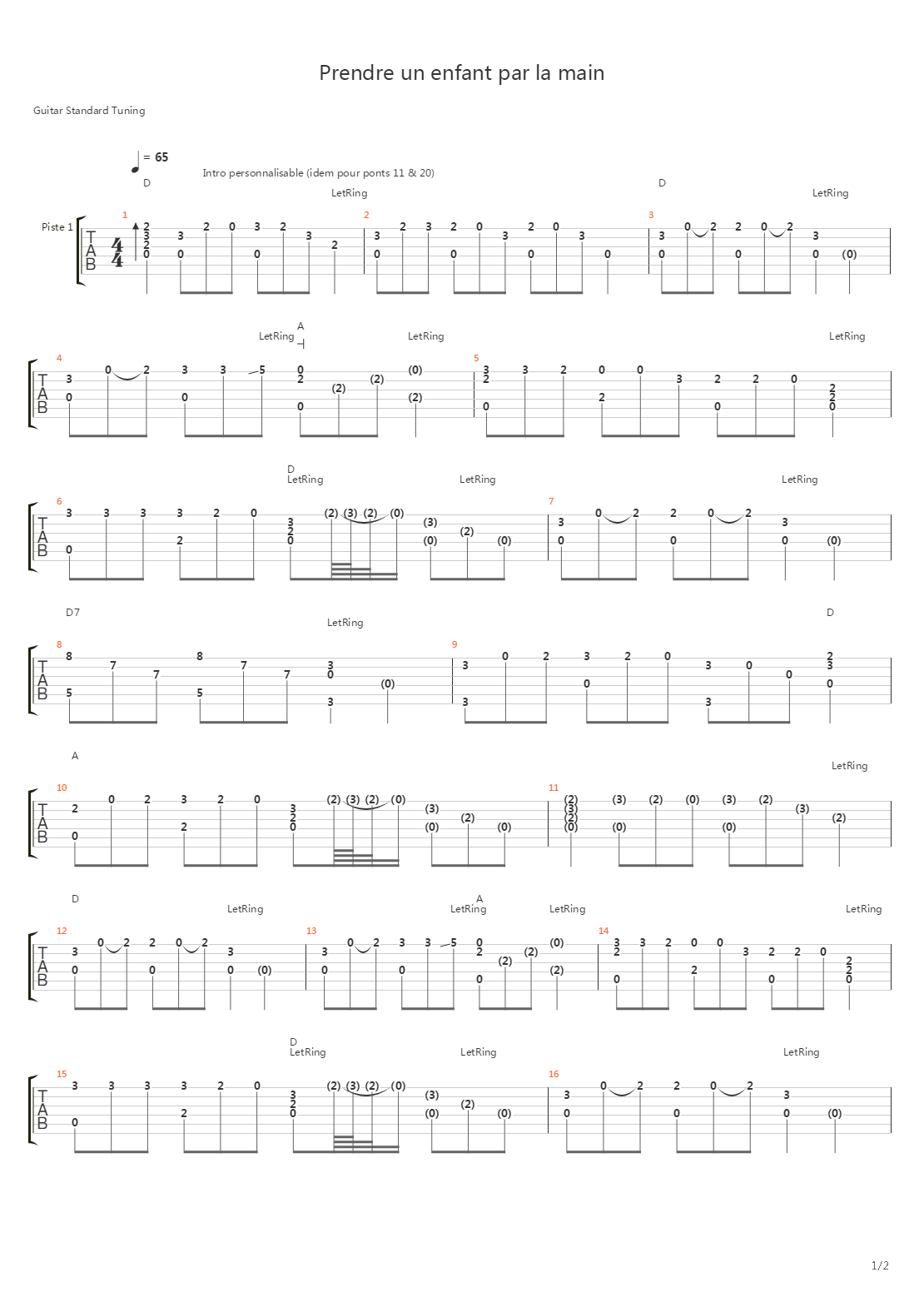 Prendre Un Enfant Par La Main吉他谱