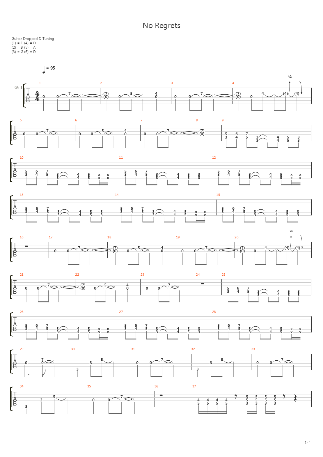 No Regrets吉他谱