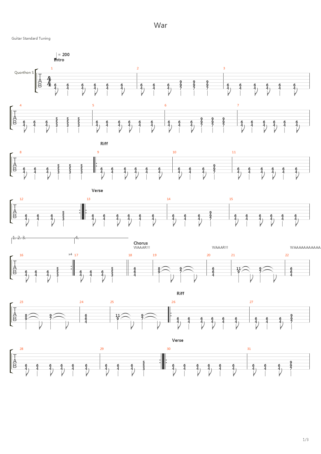 War吉他谱