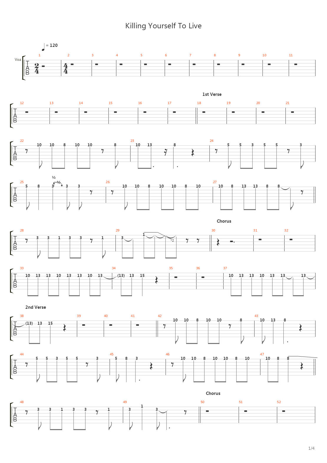 Killing Yourself To Live吉他谱