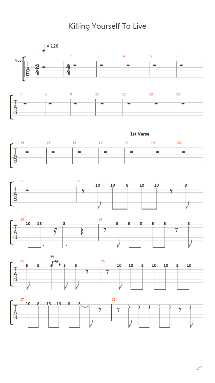 Killing Yourself To Live吉他谱