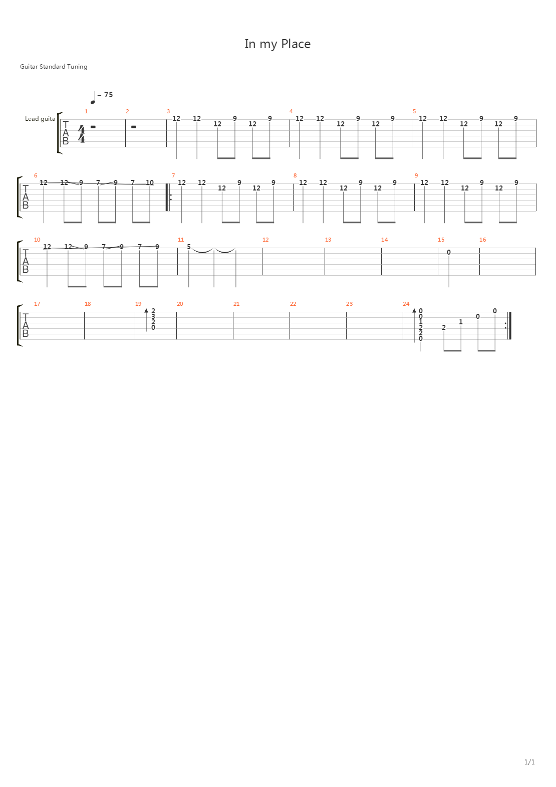 In my place吉他谱