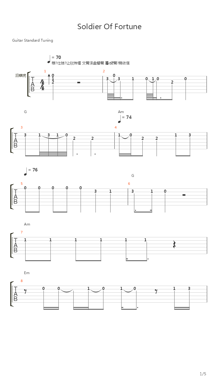 Soldier Of Fortune吉他谱