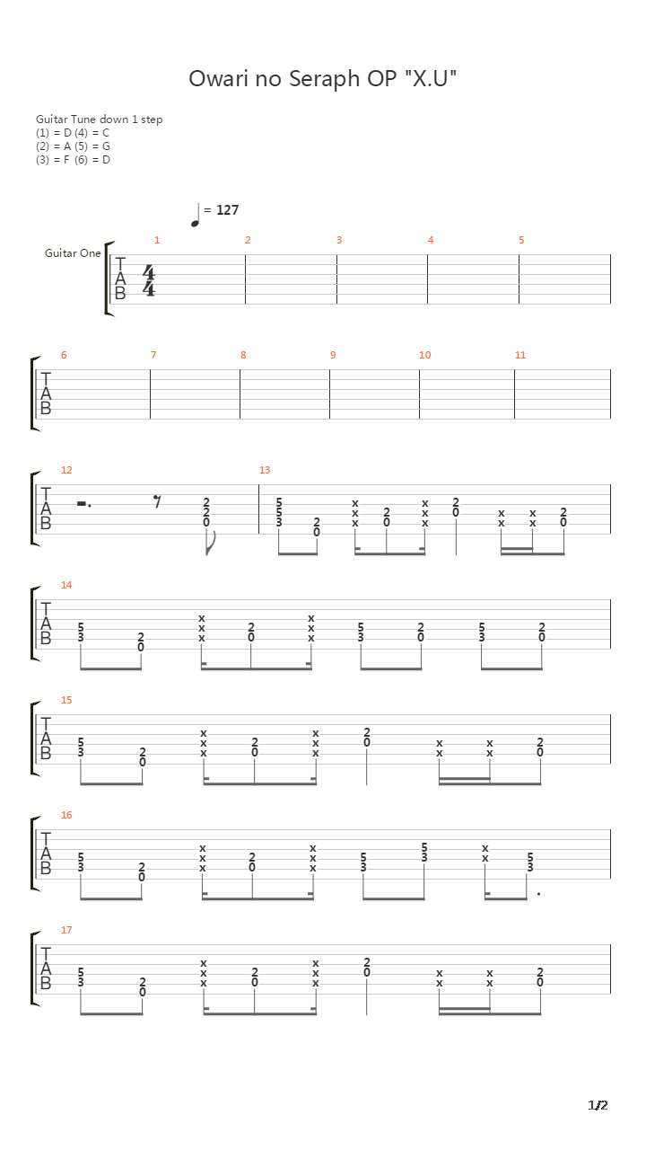 X.U.(TV动画《终结的炽天使》片头曲)吉他谱