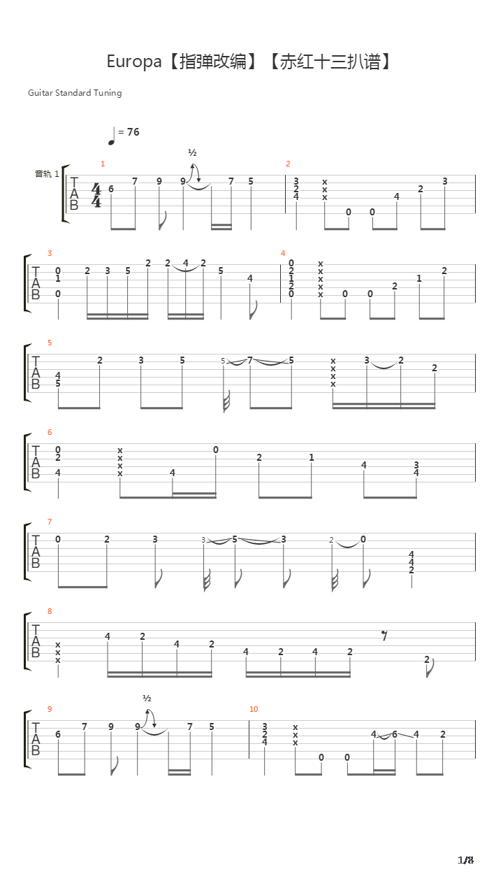 Europa指弹【现代乐手改编版】【赤红十三扒谱】吉他谱