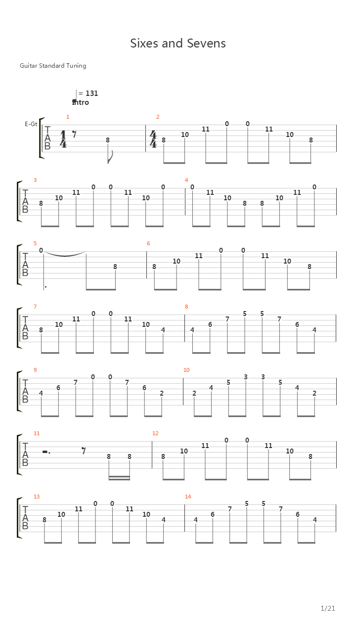 Sixes And Sevens吉他谱