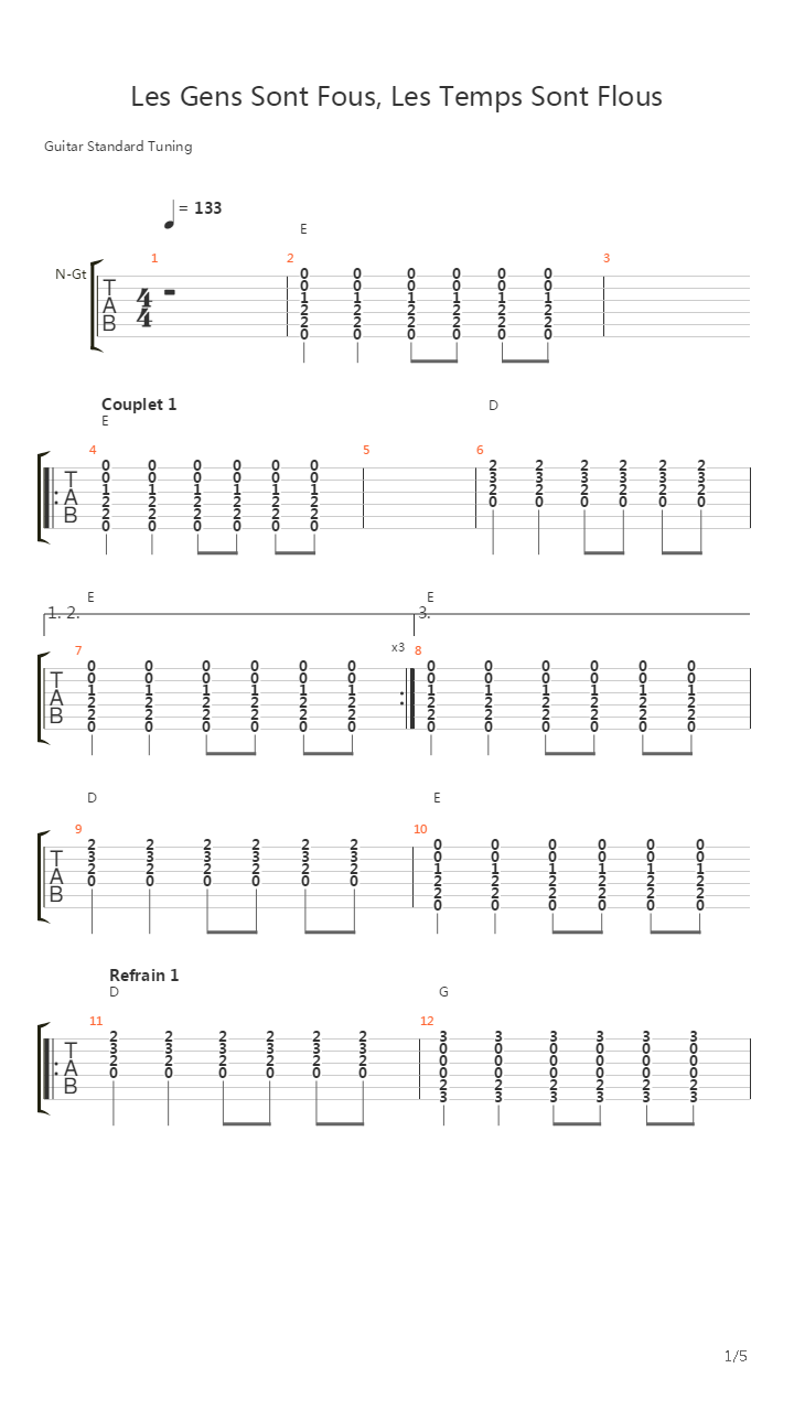 Les Gens Sont Fous Les Temps Sont Flous吉他谱