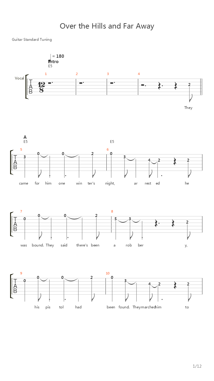 Over the Hills and Far Away吉他谱