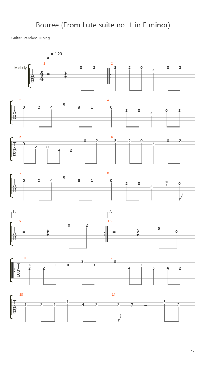 Bouree (From Lute suite no. 1 in E minor)吉他谱