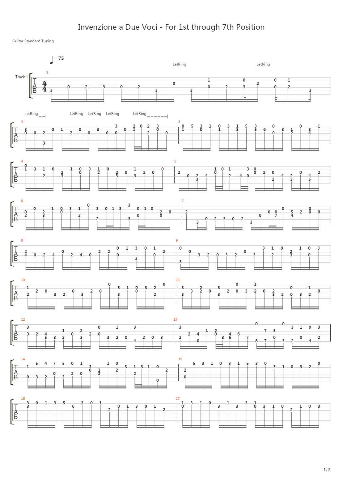 Invenzione a Due Voci - For 1st through 7th position吉他谱