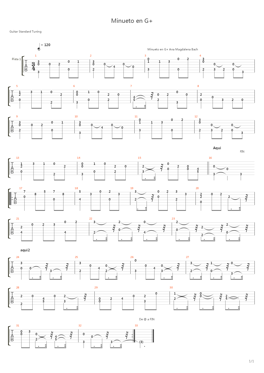 Minueto En G+ Anna Magdelene Bach Notebook吉他谱