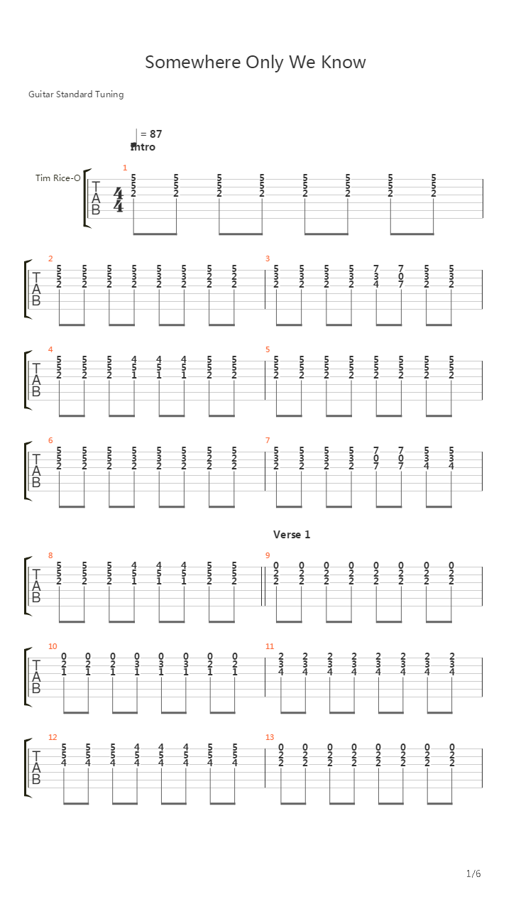 Somewhere Only We Know吉他谱