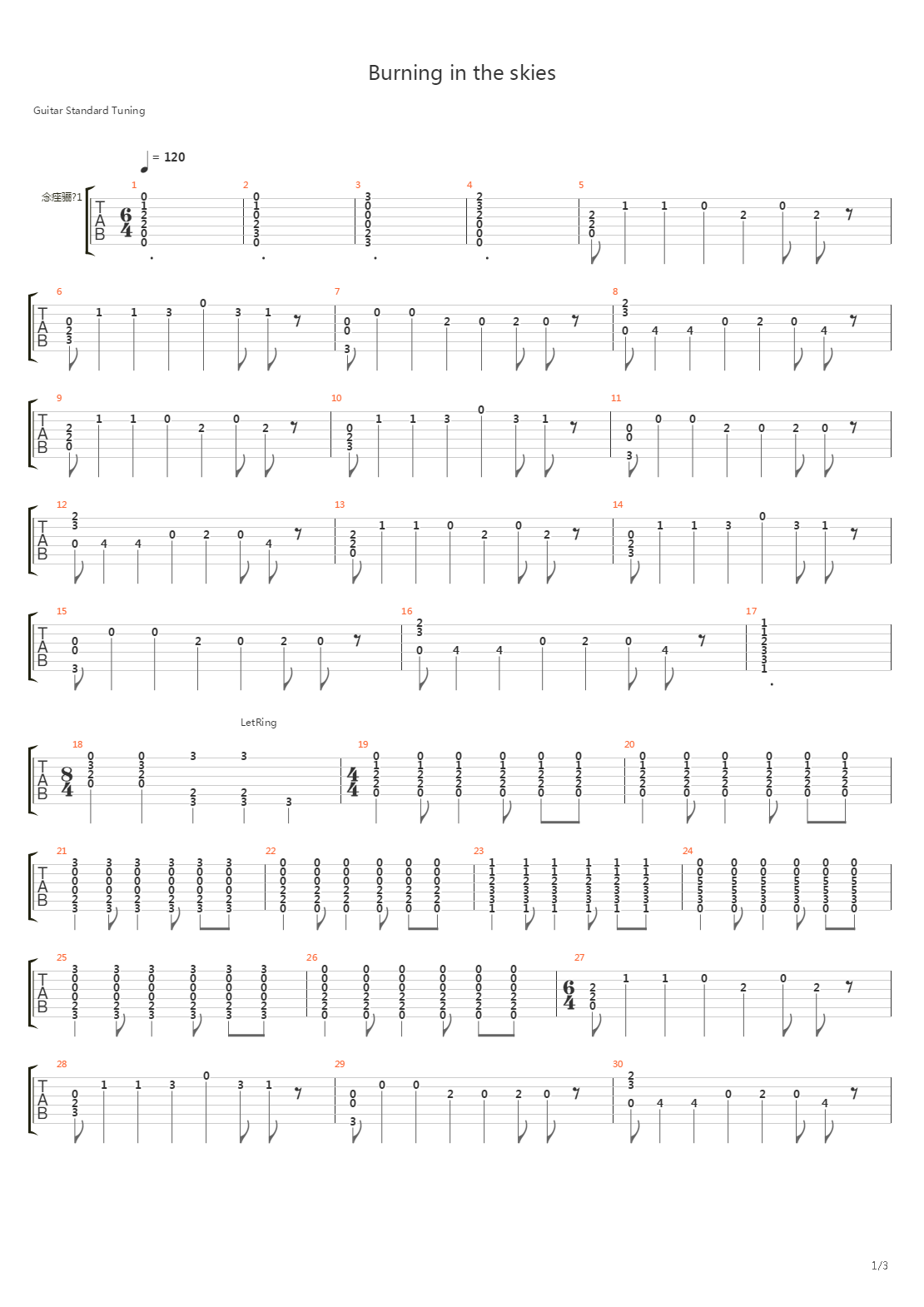 Burning In The Skies吉他谱