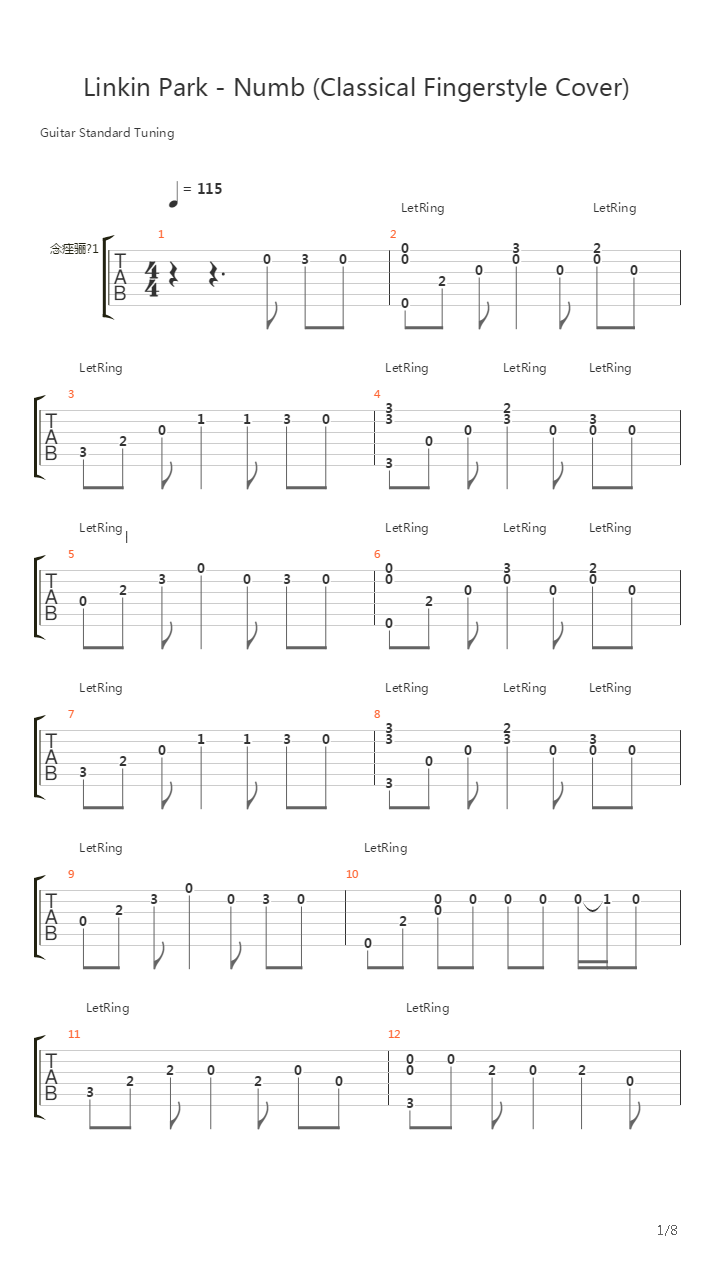 Numb (Classical Fingerstyle)吉他谱