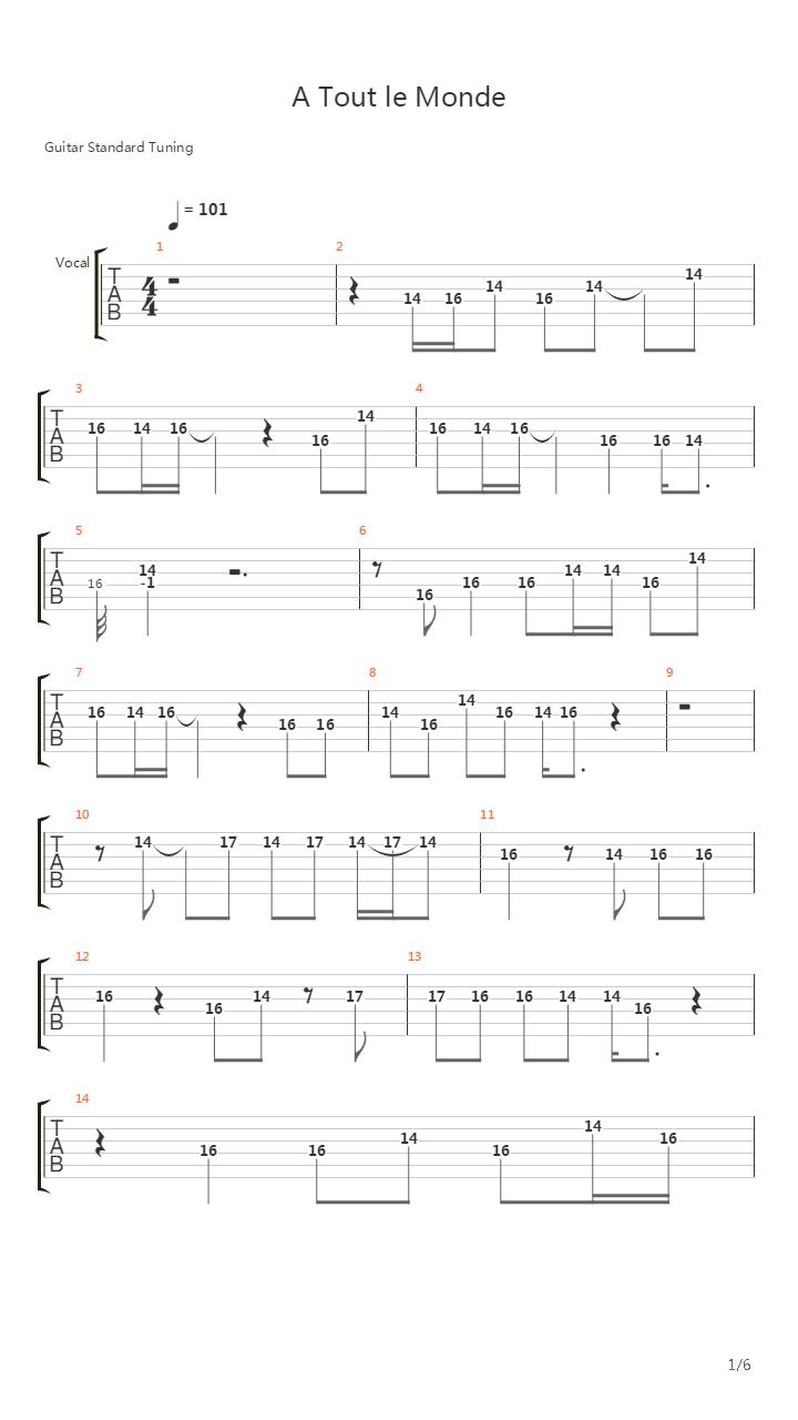 A Tout Le Monde吉他谱