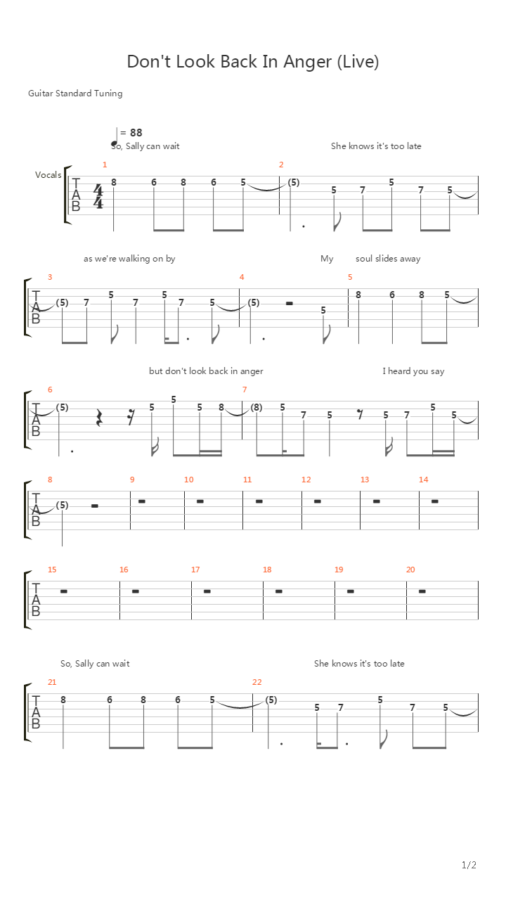 Dont Look Back In Anger (Live)吉他谱