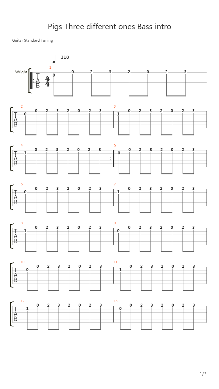 Pigs Three Different ones (Bass intro)吉他谱