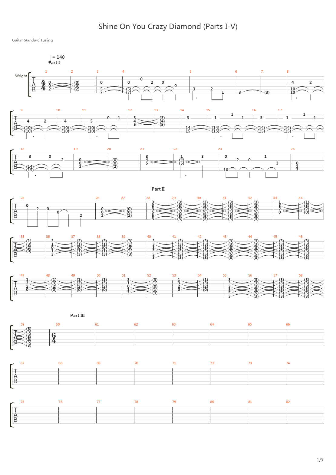 Shine On You Crazy Diamond (Parts I-V)吉他谱