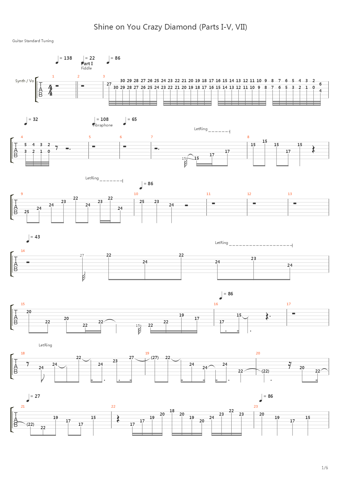 Shine On You Crazy Diamond (Parts I-V, VII)吉他谱
