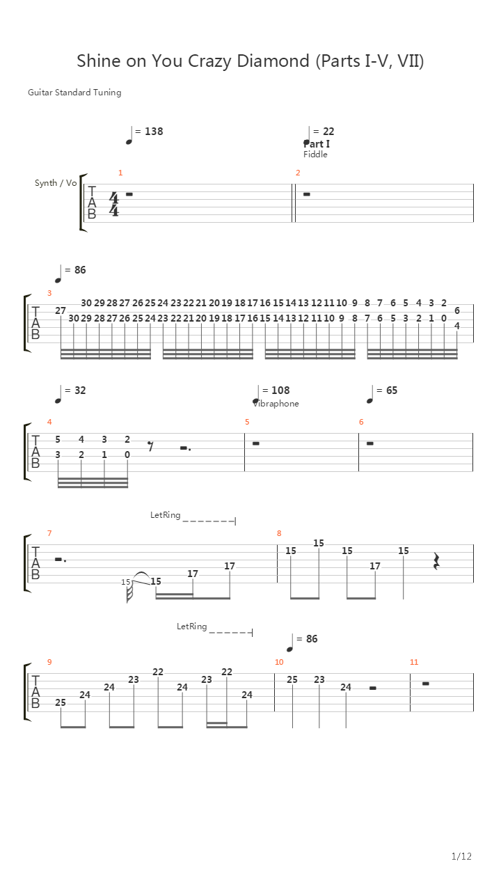 Shine On You Crazy Diamond (Parts I-V, VII)吉他谱