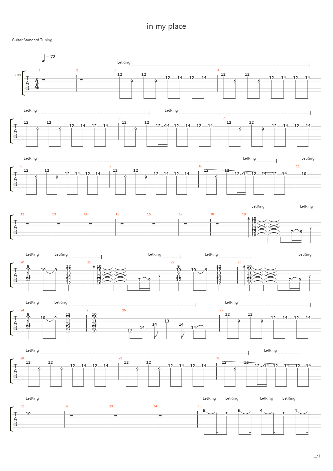 In My Place吉他谱