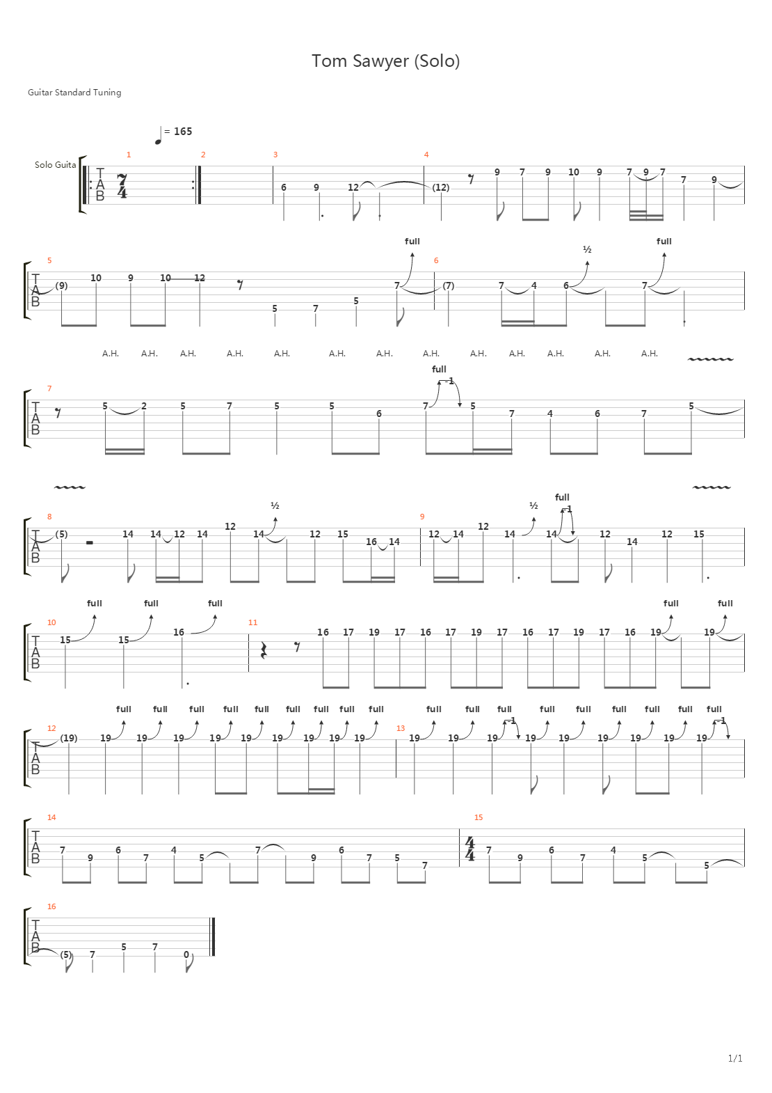 Tom Sawyer (Solo)吉他谱