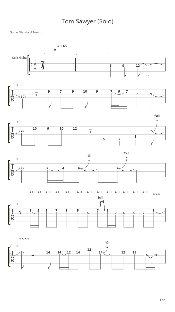Tom Sawyer (Solo)吉他谱