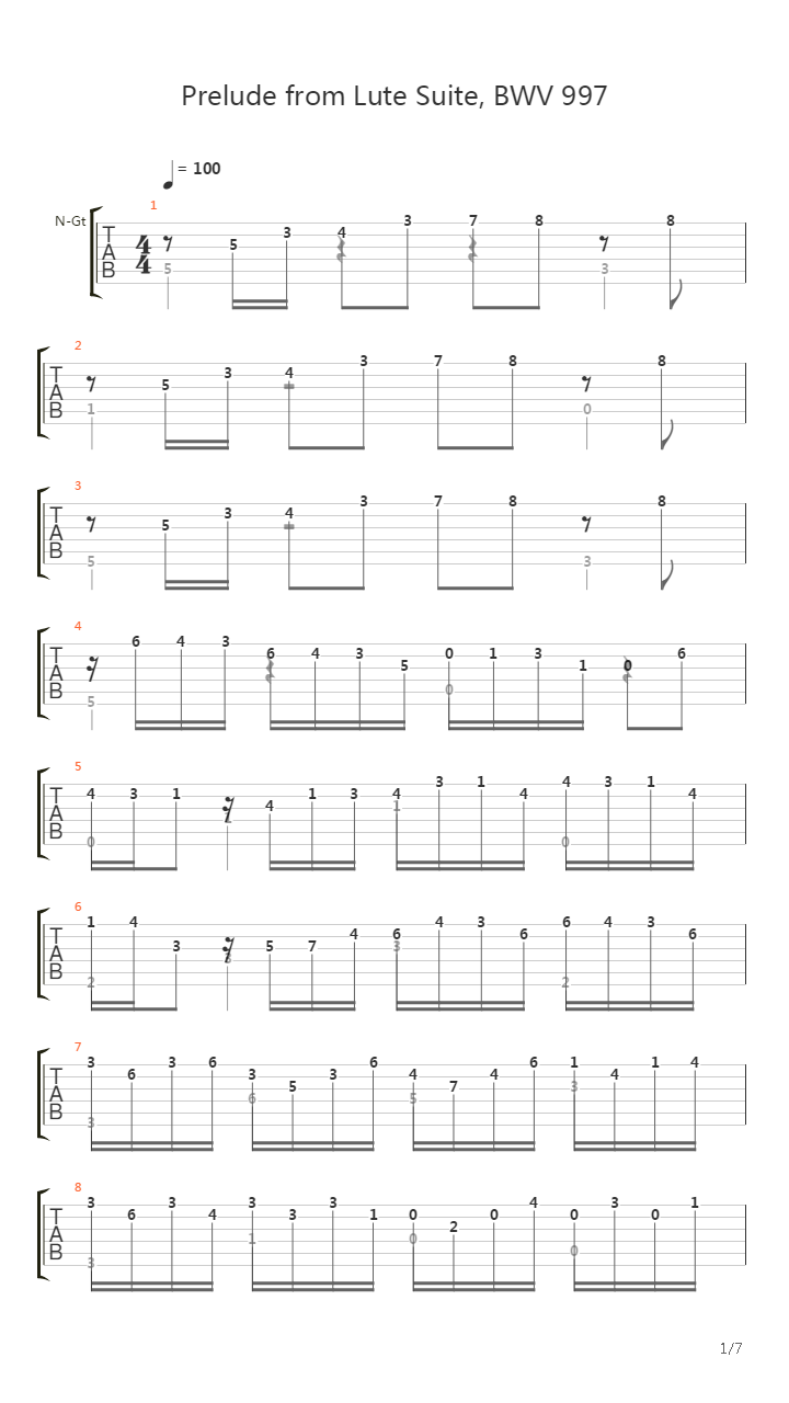 Prelude Lute Suite BWV 997吉他谱