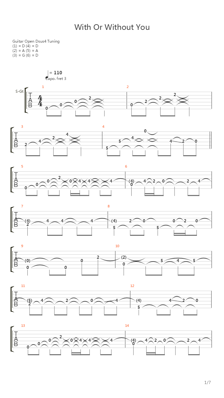 With Or Without You吉他谱