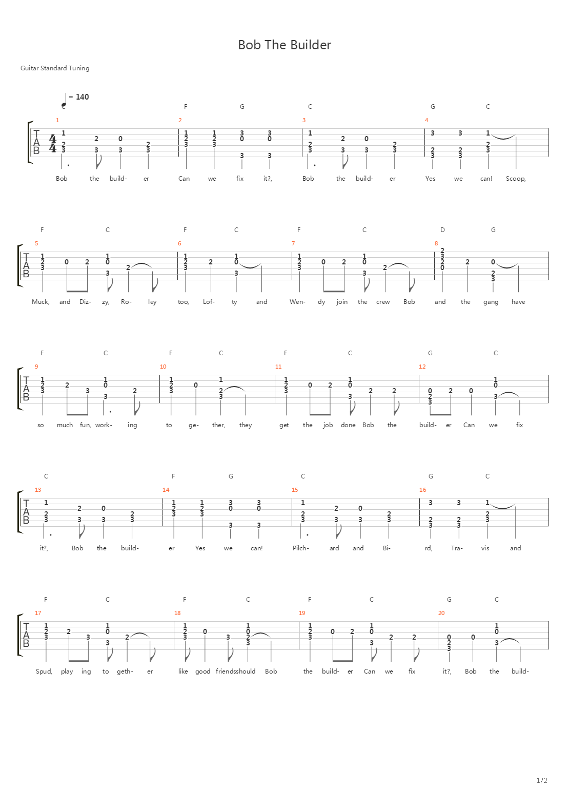 Bob The Builder(巴布工程师) - Theme Song吉他谱
