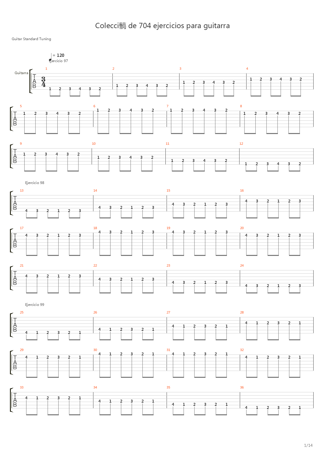 704 exercises for guitar, 1-96 - Exercises 97-140吉他谱