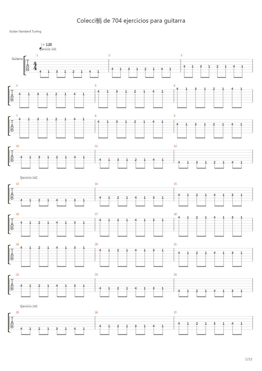 704 exercises for guitar, 1-96 - Exercises 141-180吉他谱