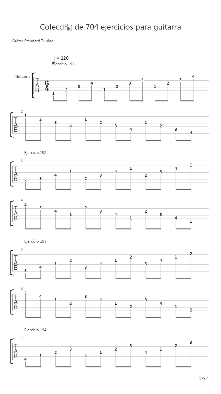 704 exercises for guitar, 1-96 - Exercises 191-334吉他谱